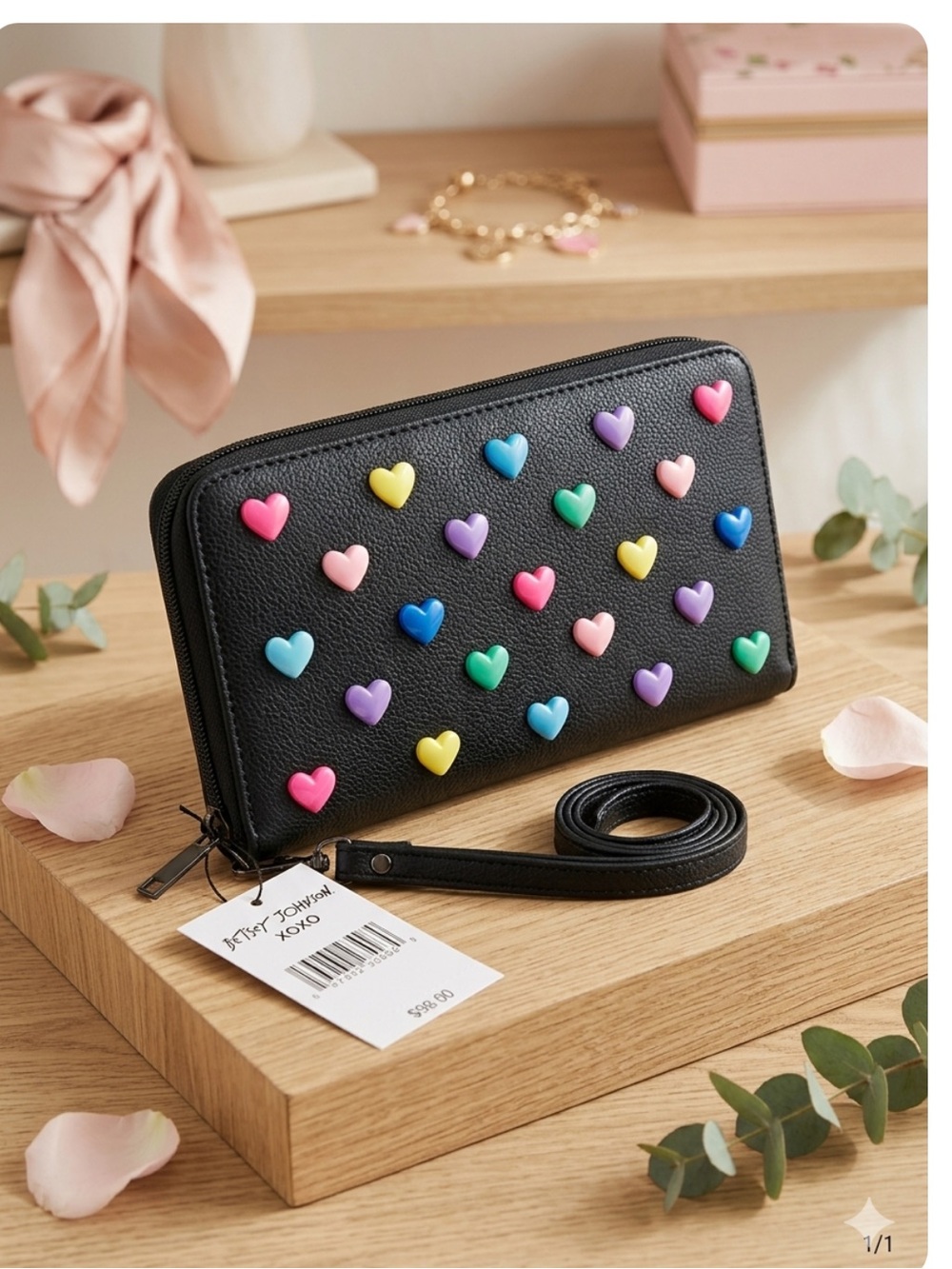 NWT Betsey Johnson Rainbow 3D Heart Studded Wristlet Wallet